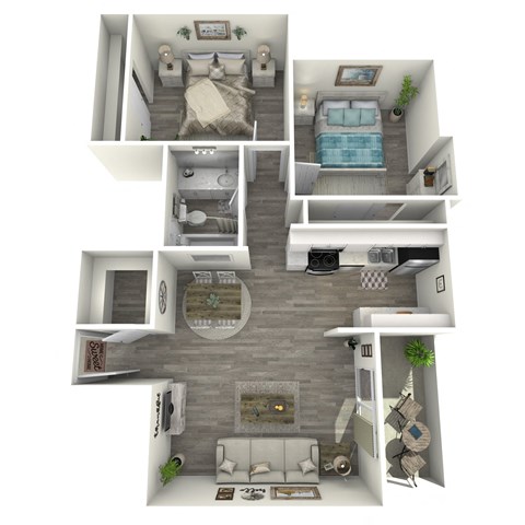 Floor plan for 2 beds, 2 baths, 889 sqft